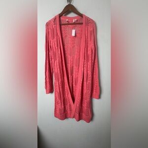 New Soft Surroundings Coral Crochet‎ Long Open Cardigan Duster Size M Boho Mesh